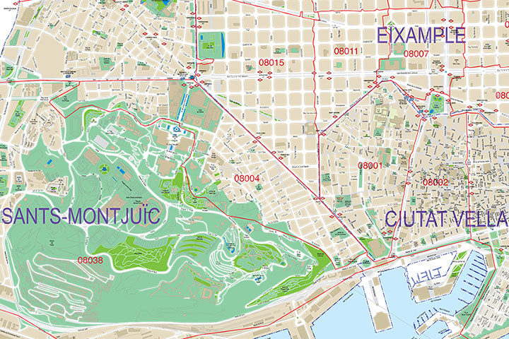 Barcelona city map with postcode districts