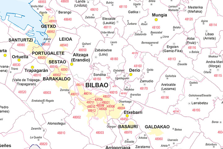 Map of Bizkaia province with municipalities and postal codes