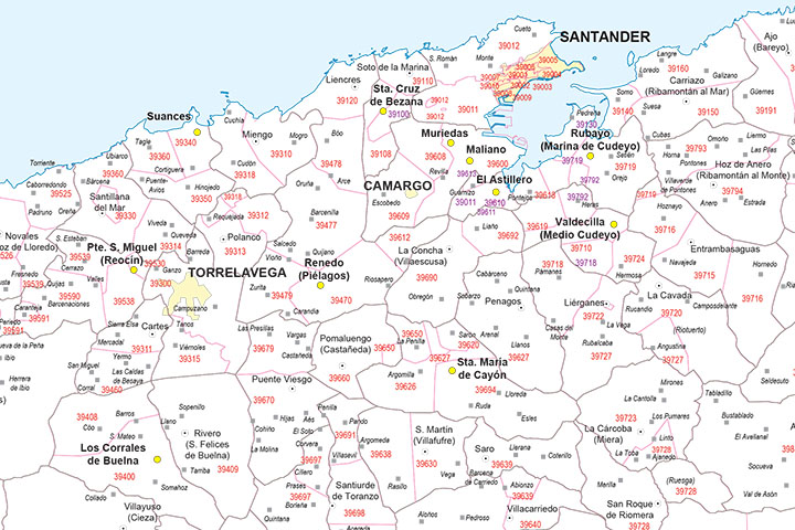 Map of Cantabria autonomous community with municipalities and postal codes