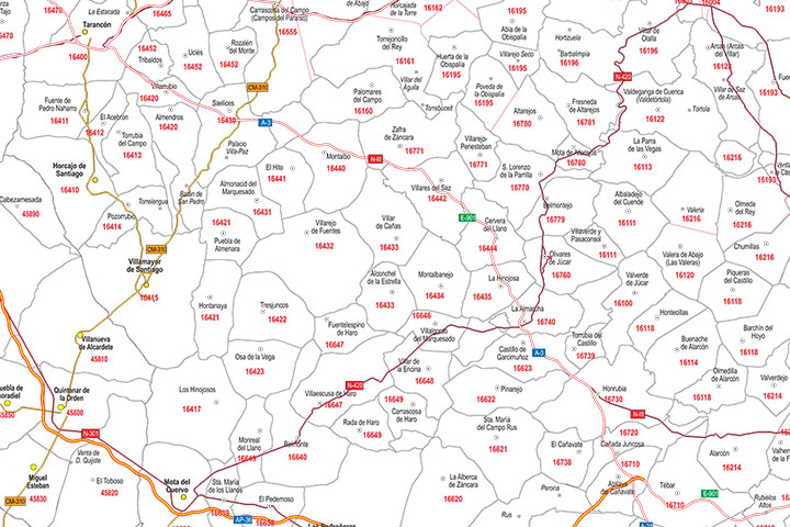 Castile-La Mancha - map of postal codes, municipalities and major roads