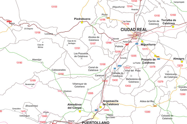 Map of Ciudad Real province with municipalities, major roads and postal cod