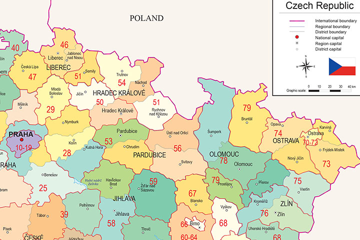 Map of Czech Republic with regions and Postal Codes
