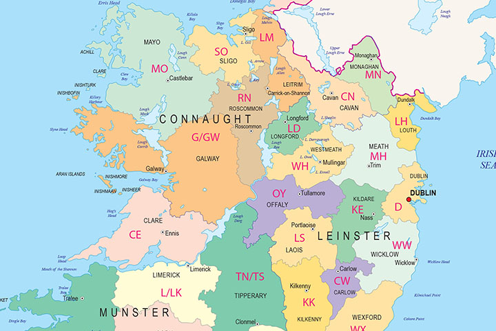 Map of Ireland with regions and Postal Codes