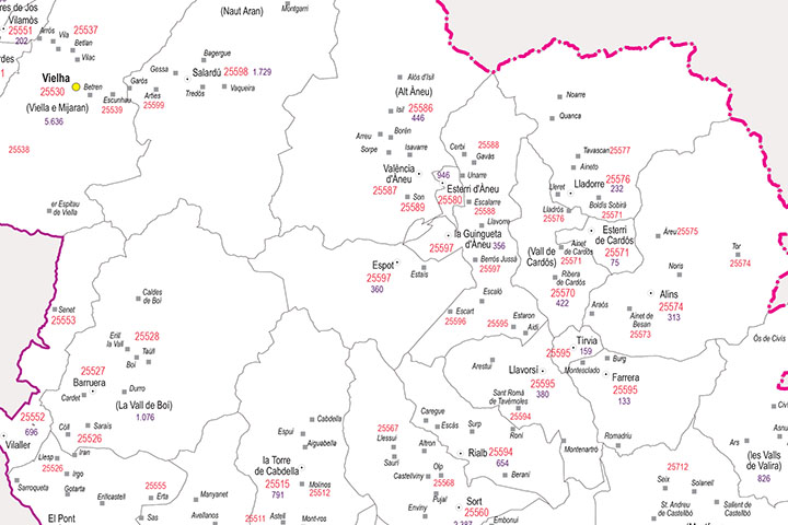 Lleida - province map with municipalities, postal codes and inhabitants