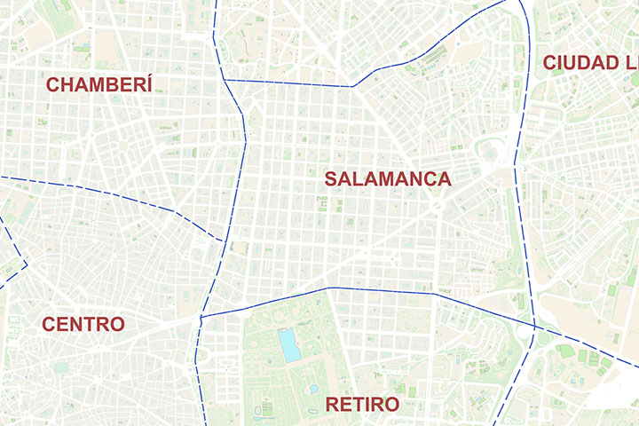 Street map of Madrid with districts