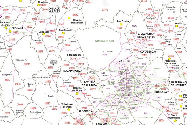 Madrid  - mapa autonómico con municipios, códigos postales y habitantes