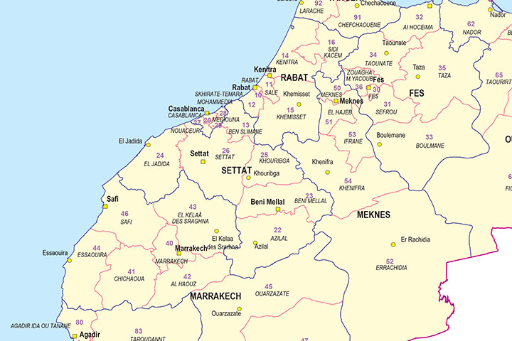 Map of Morocco with regions and Postal Codes