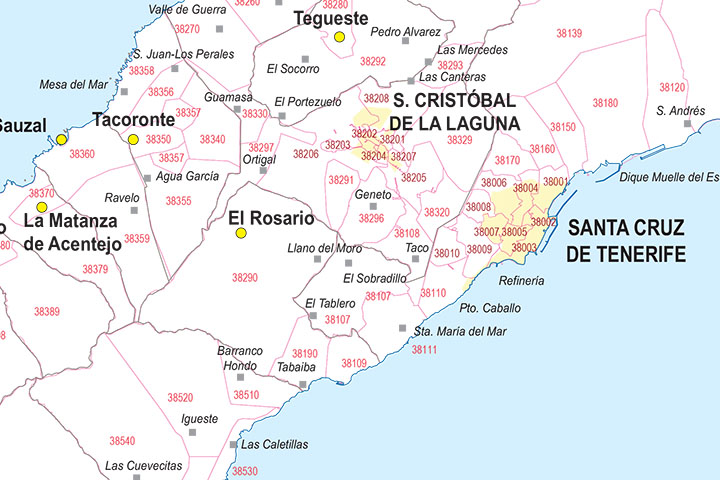 Tenerife - mapa de la isla con municipios y Códigos Postales