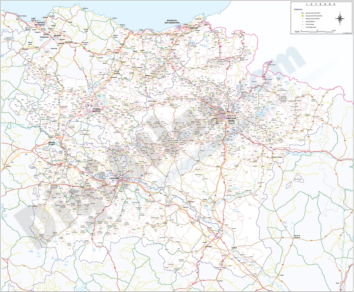 Álava, Navarra, Guipúzcoa y La rioja - mapa con Códigos Postales y carreteras