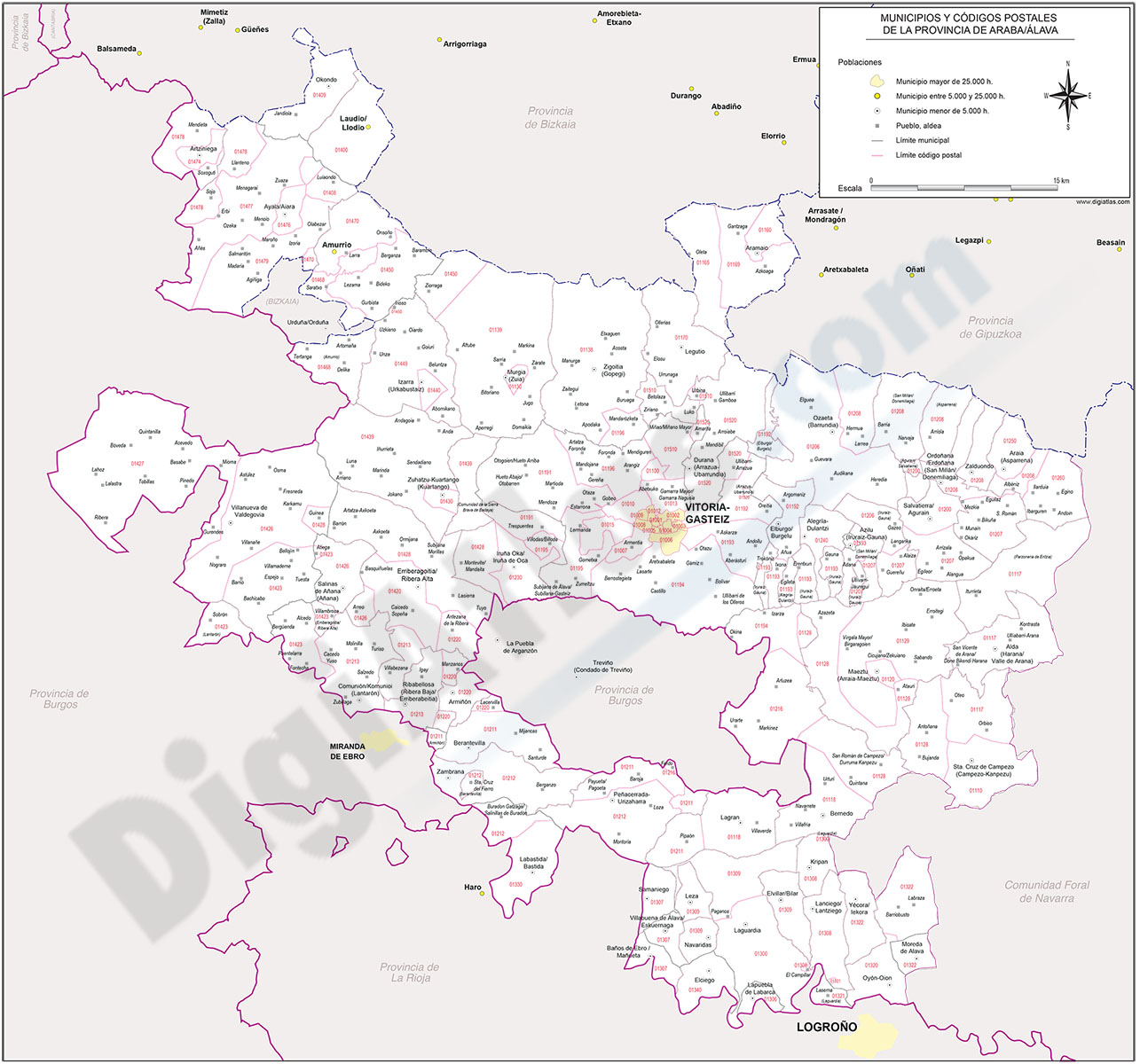 Alava (Araba) - mapa provincial con municipios y Códigos Postales
