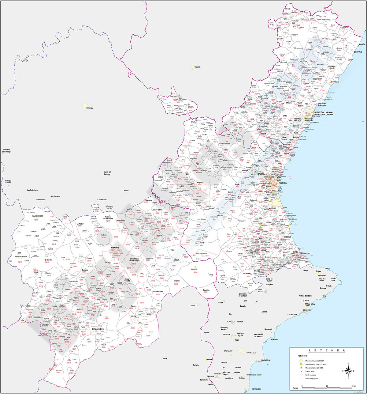 Map of Albacete, Valencia and Castellon provinces with municipalities and postal codes