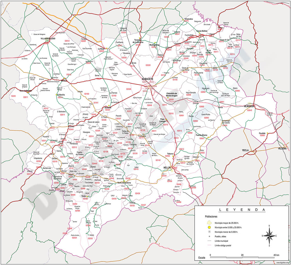 Albacete - mapa provincial con municipios, Códigos Postales y carreteras