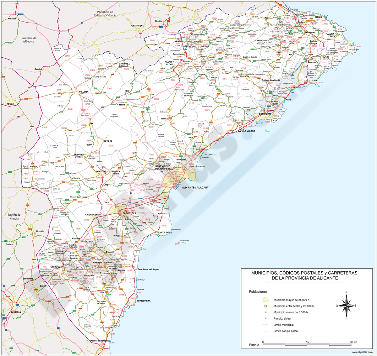 Alicante - mapa provincial con municipios, Códigos Postales y carreteras