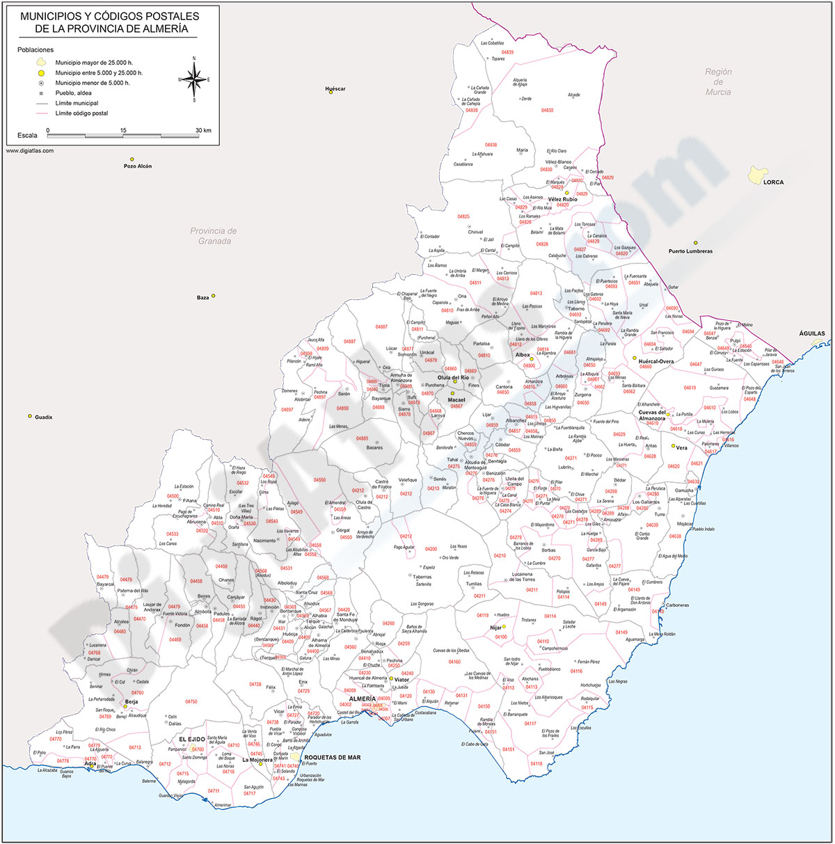 Almería - mapa provincial con municipios y Códigos Postales
