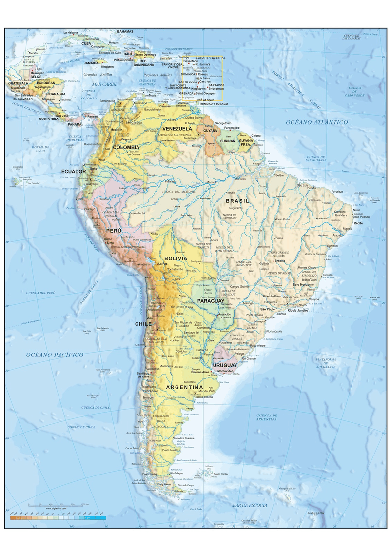 Physical and political map of South America