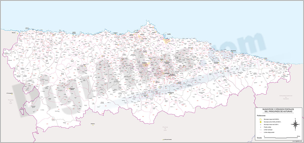 Map of Asturias autonomous community with municipalities and postal codes