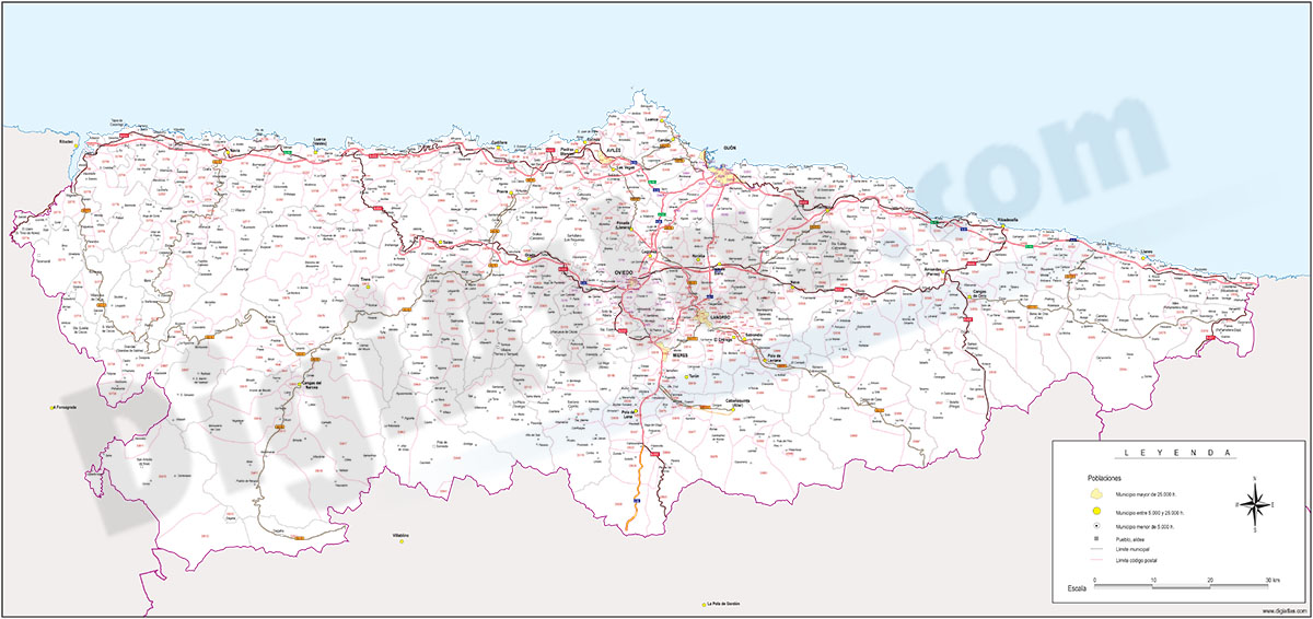 Asturias, Principado de - mapa autonómico con municipios, códigos postales y carreteras