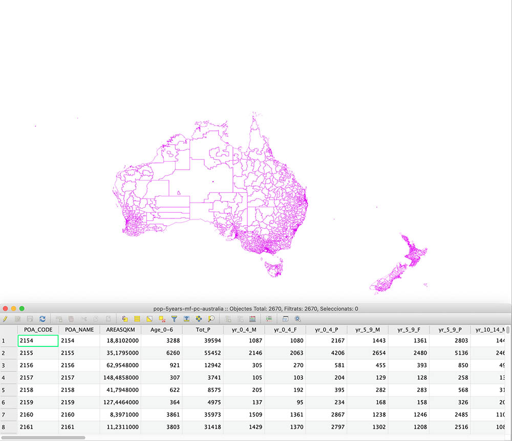 Australia y Nueva Zelanda - mapa de códigos postales con habitantes y población de 0 a 6 años