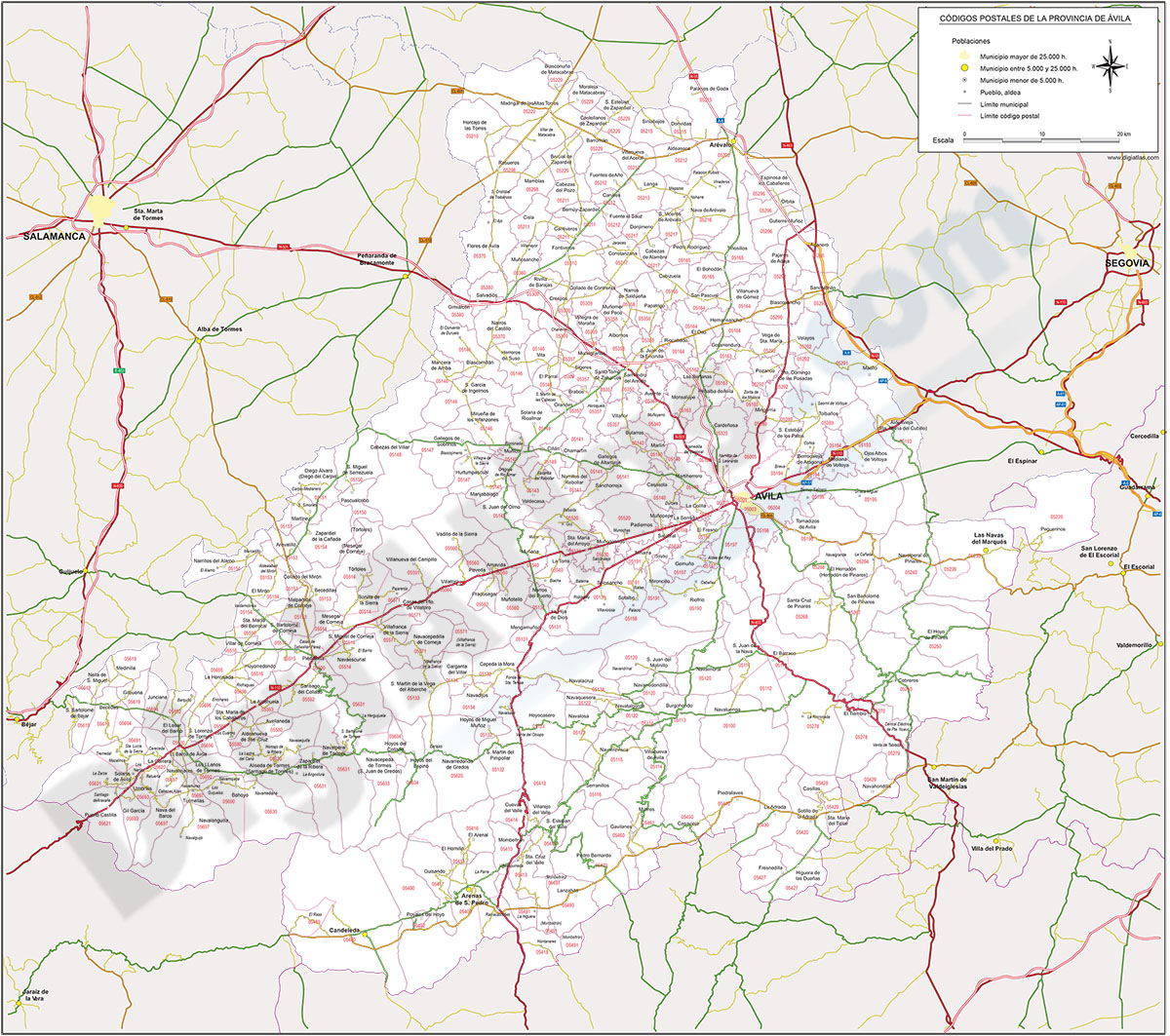 Ávila - mapa provincial con municipios y Códigos Postales