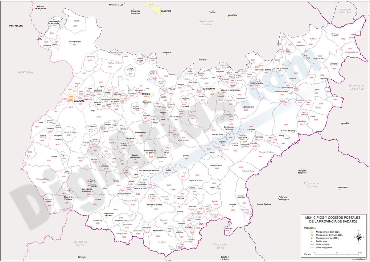 Badajoz - mapa provincial con municipios y Códigos Postales