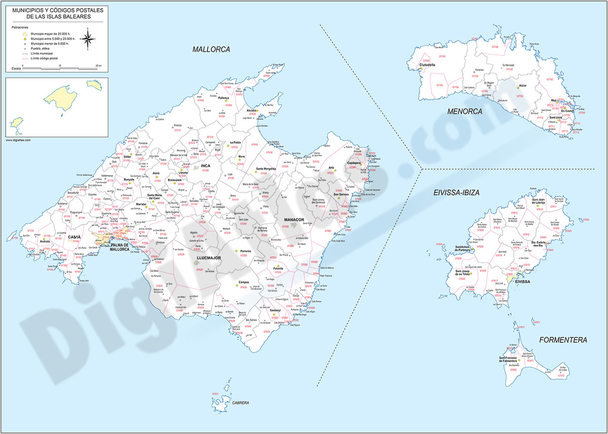 Islas Baleares - mapa autonómico con municipios y Códigos Postales