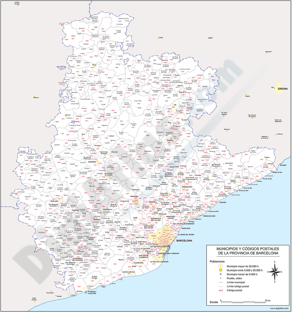 Barcelona - mapa provincial con municipios y Códigos Postales