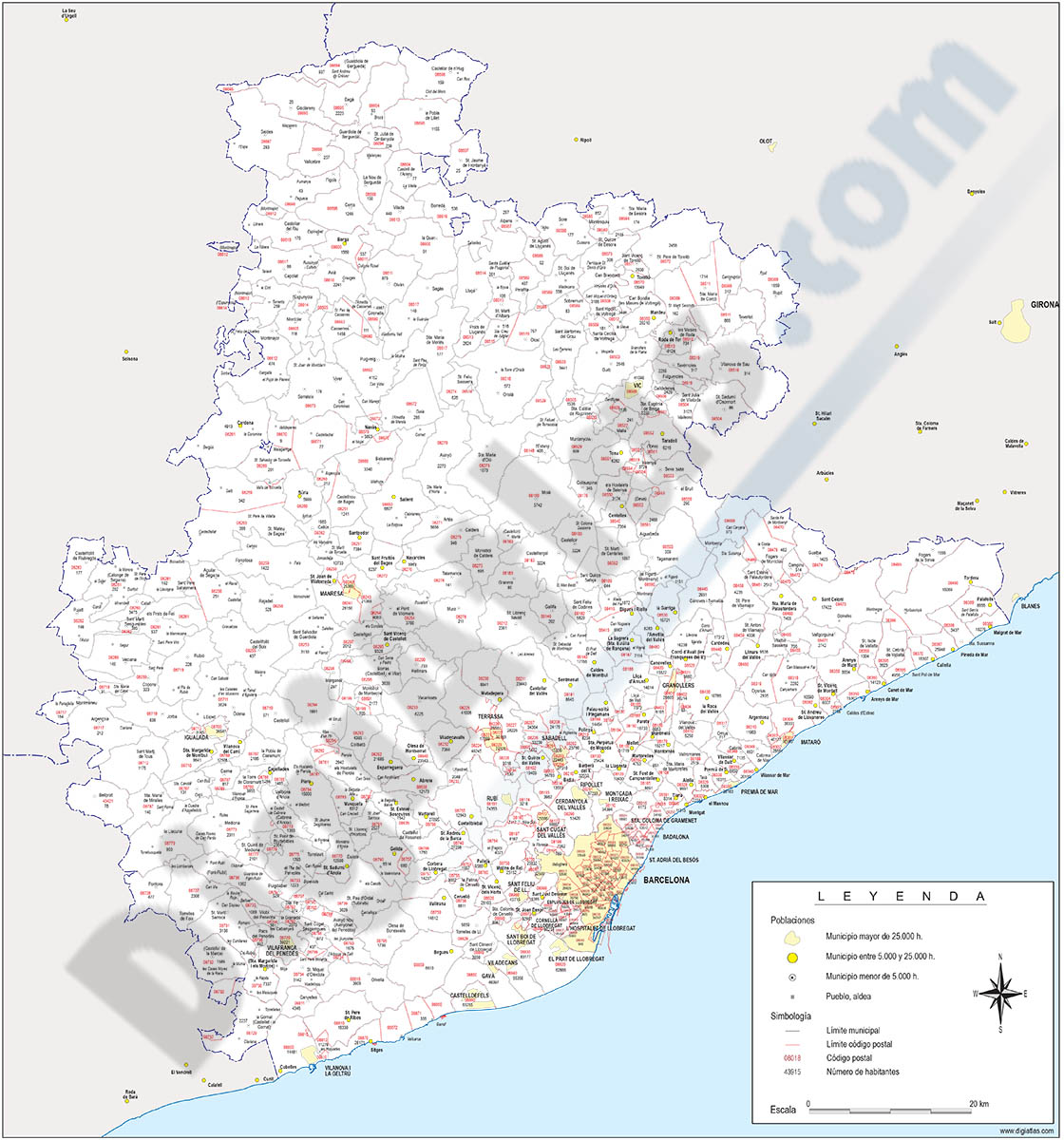 Barcelona - mapa provincial con municipios, códigos postales y habitantes