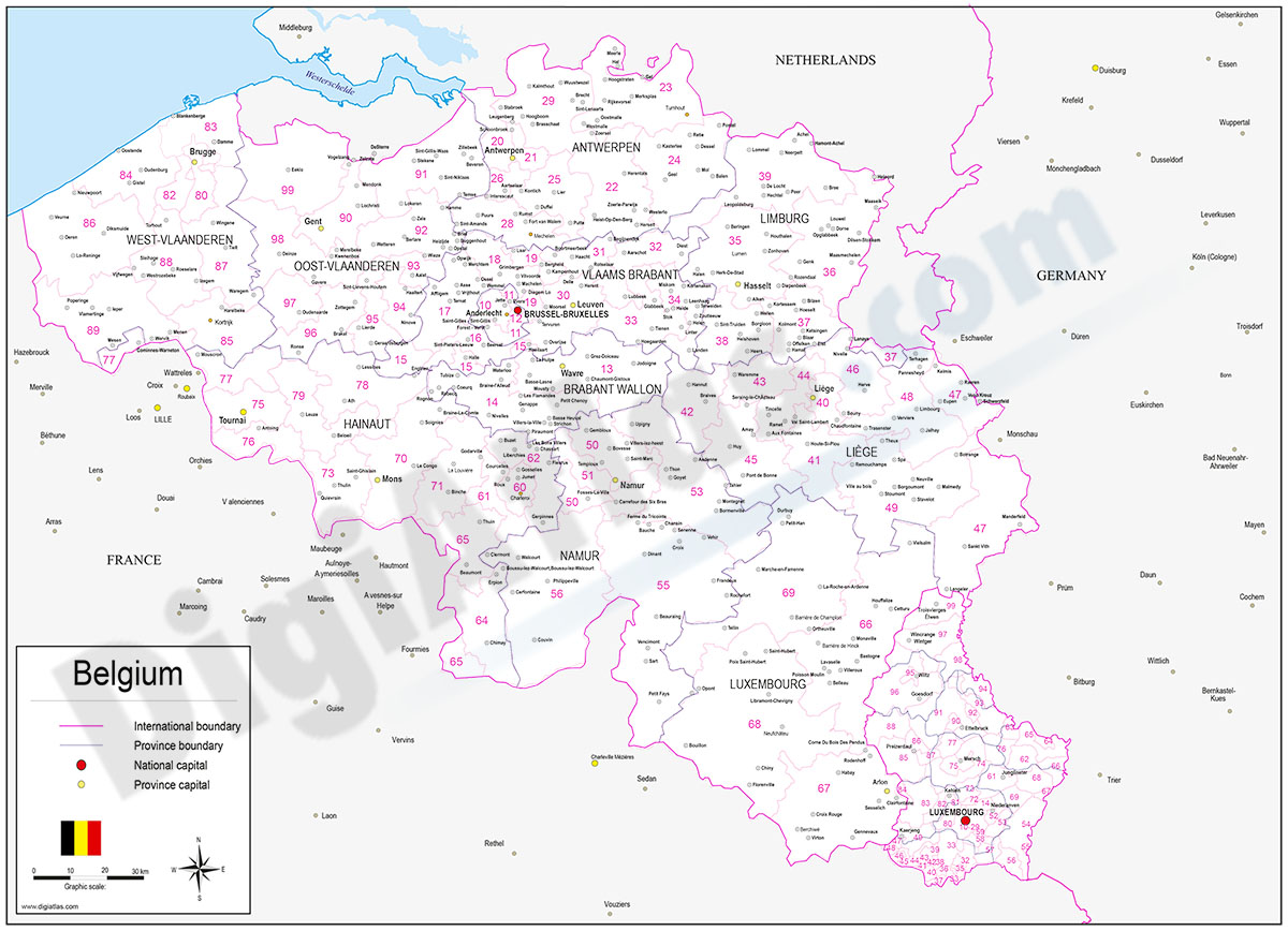 Mapa de Bélgica con regiones y codigos postales