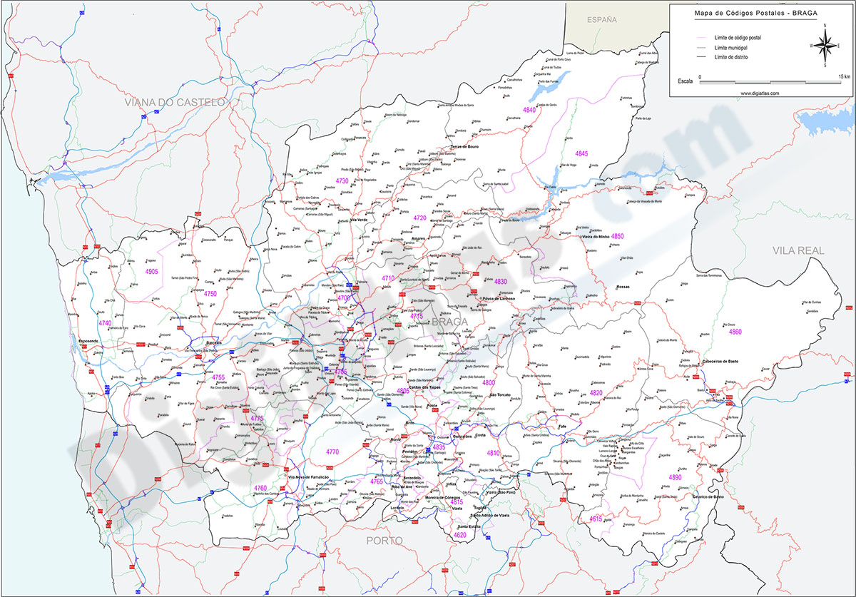 Braga - mapa de códigos postales y carreteras