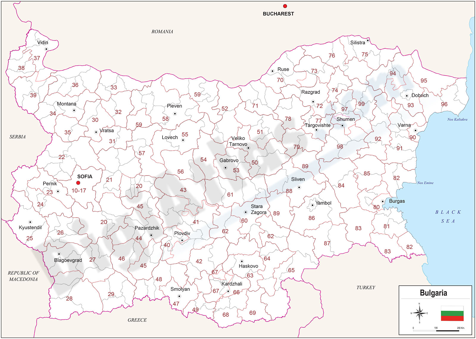 Mapa de Bulgaria con regiones y codigos postales