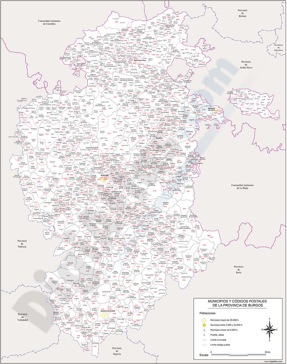 Burgos - mapa provincial con municipios y Códigos Postales