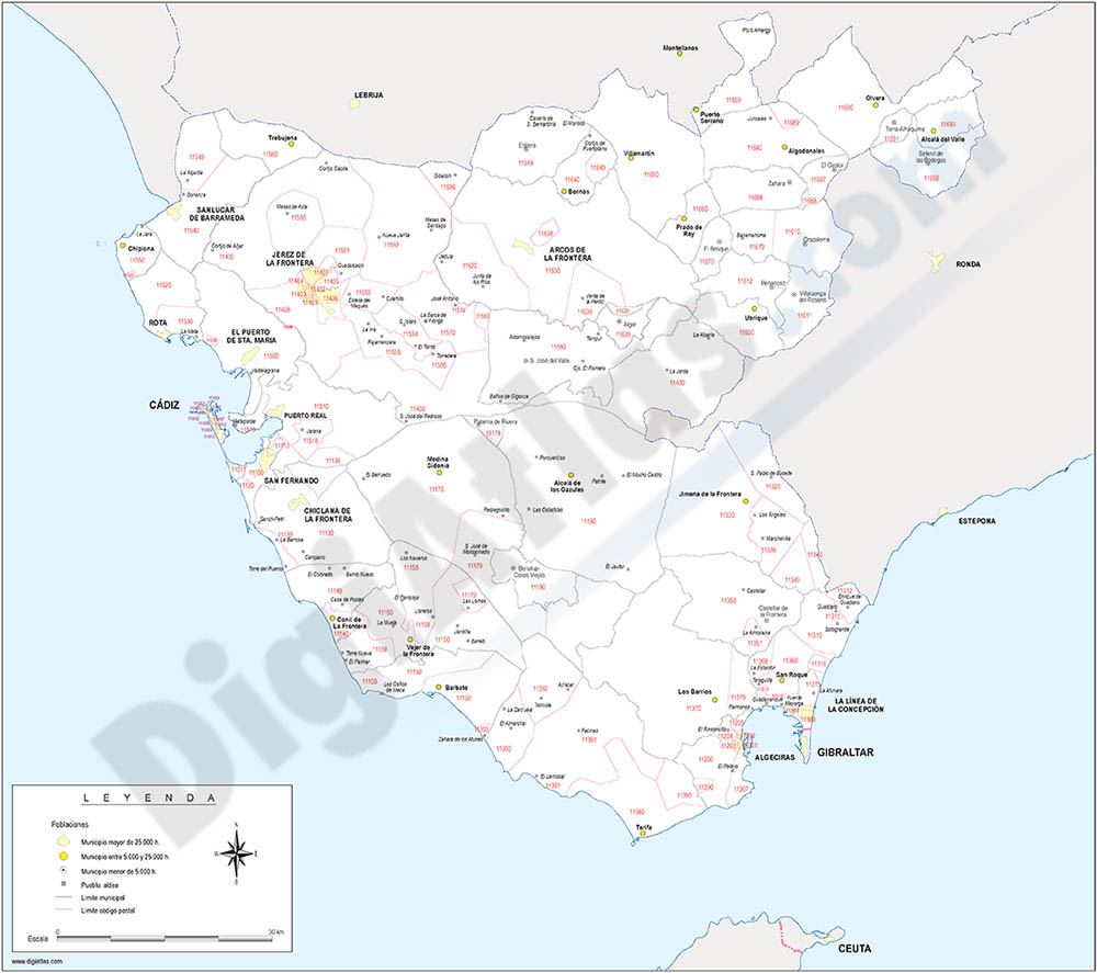 Cádiz - mapa provincial con municipios y Códigos Postales
