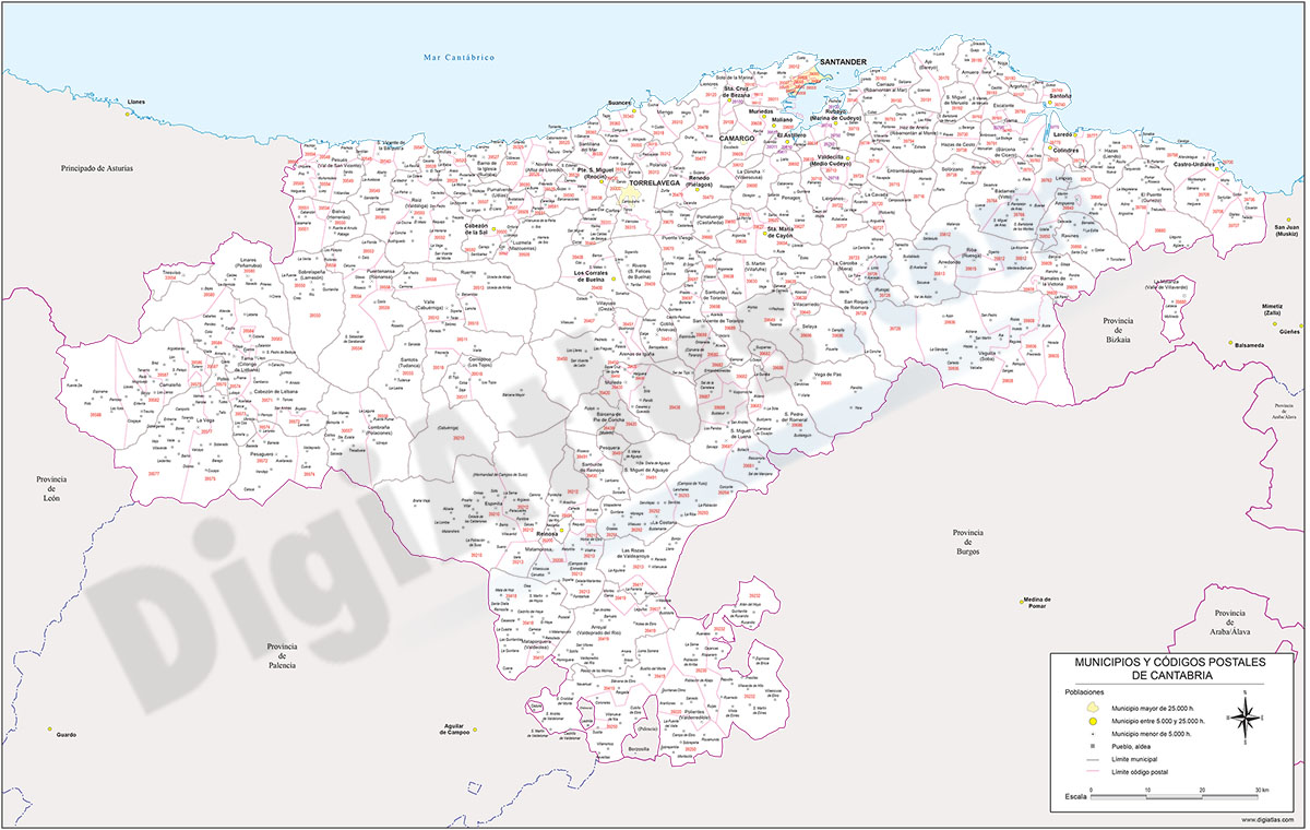 Cantabria - mapa autonómico con municipios y Códigos Postales