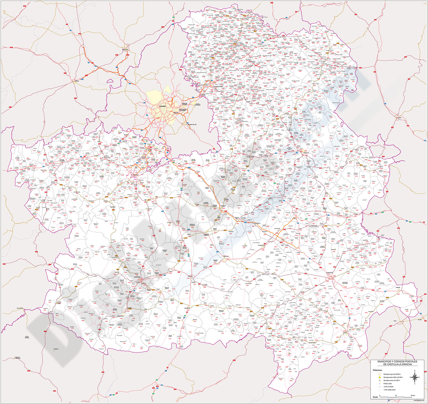 Castilla La Mancha - Mapa de códigos postales, municipios y carreteras