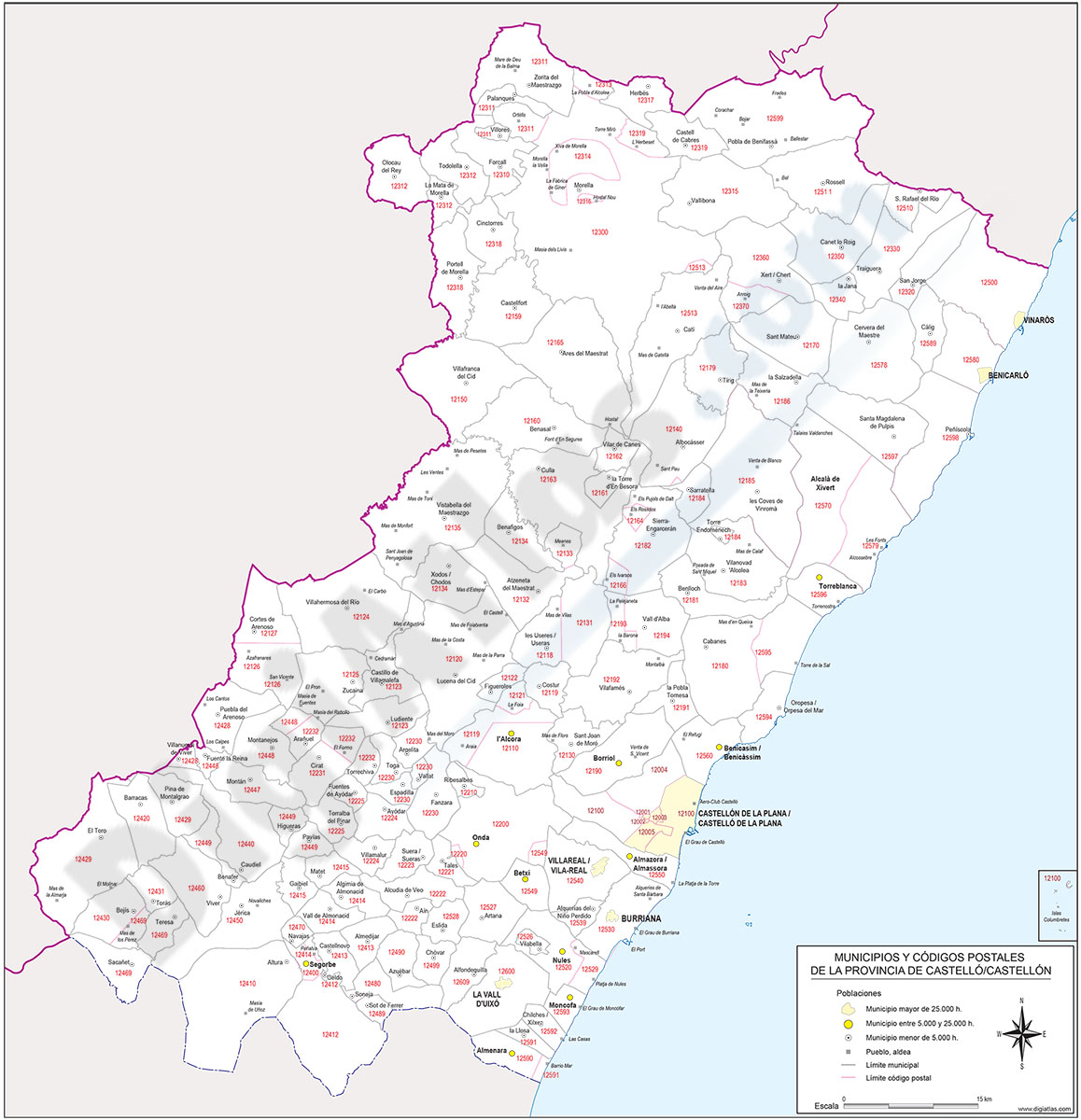 Map of Castellon province with municipalities and postal codes