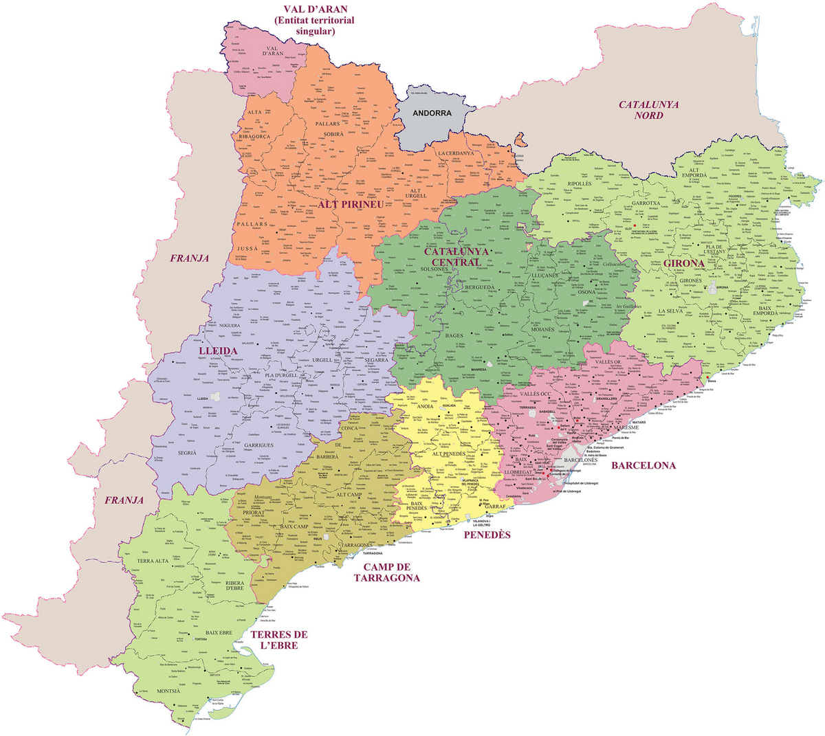 Mapa de comarcas y veguerias de Cataluña