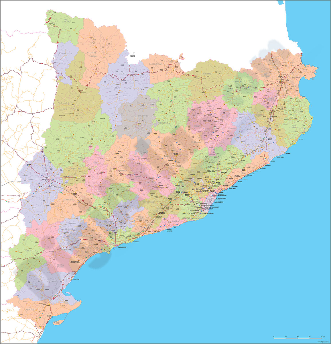 Catalunya Mapa De Códigos Postales Con Comarcas Municipios Y Carreteras