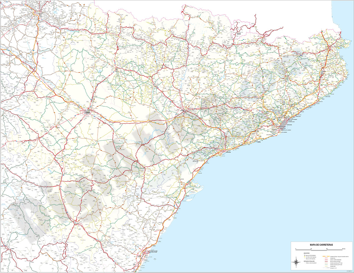 Mapa de Cataluña y Aragón con carreteras y poblaciones