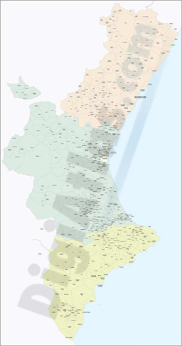 Mapa de la Comunidad Valenciana con términos municipales y poblaciones