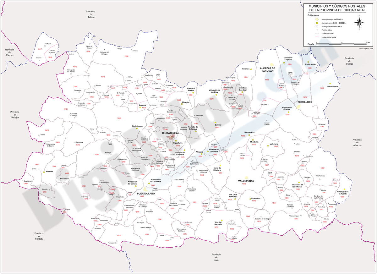 Ciudad Real - mapa provincial con municipios y Códigos Postales