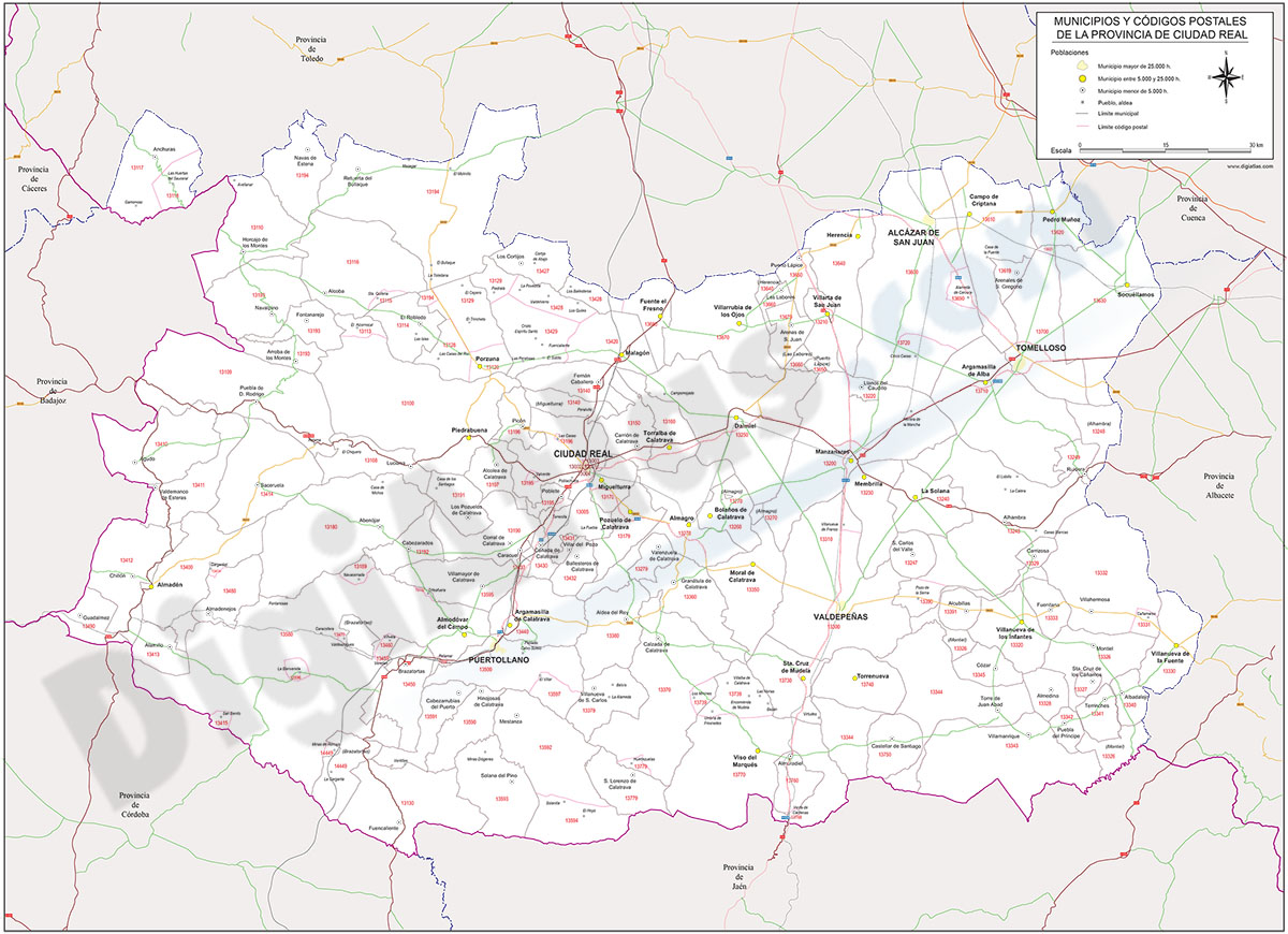 Ciudad Real - mapa provincial con Códigos Postales y carreteras