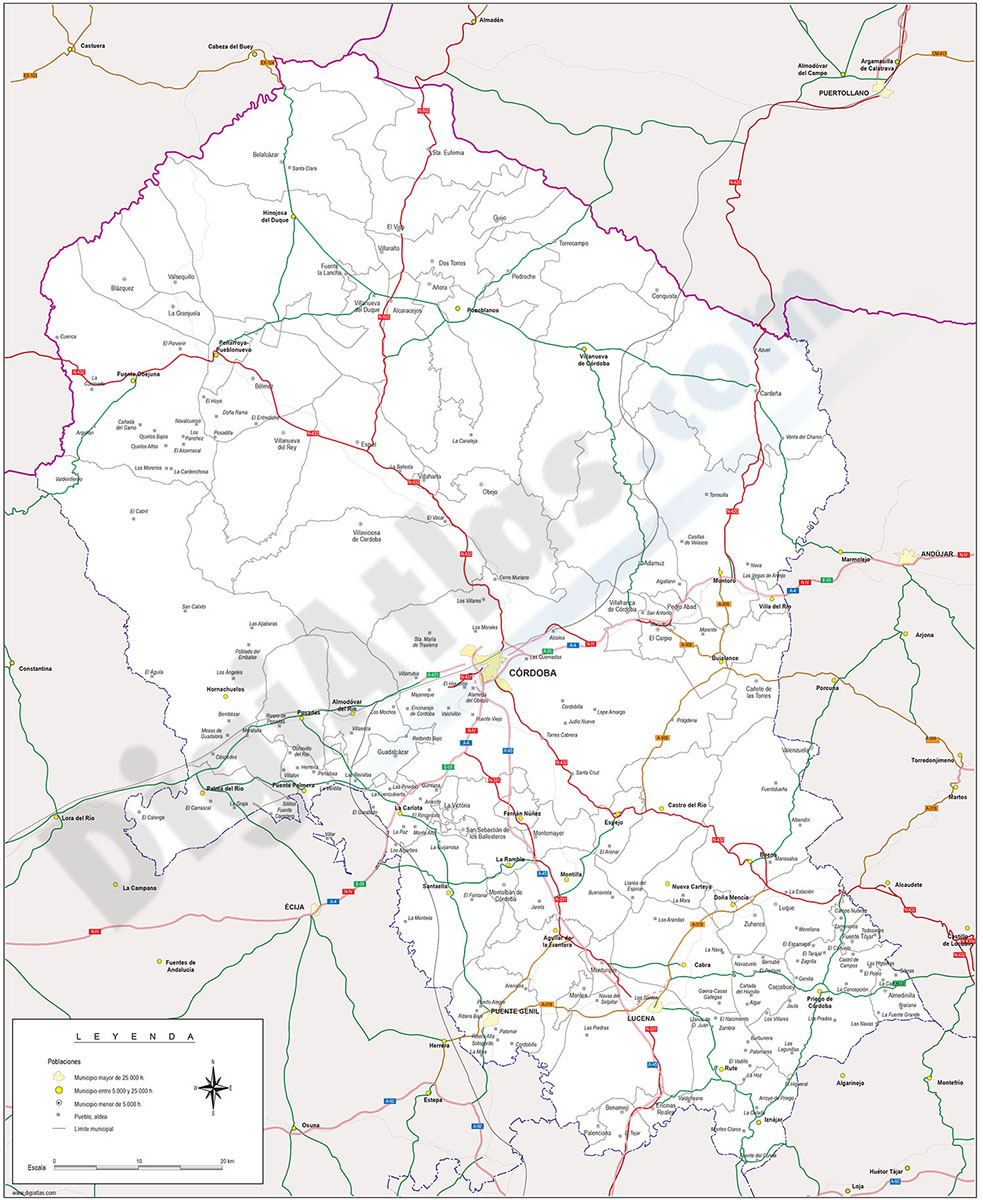Cordoba province map with municipalities borders and major roads