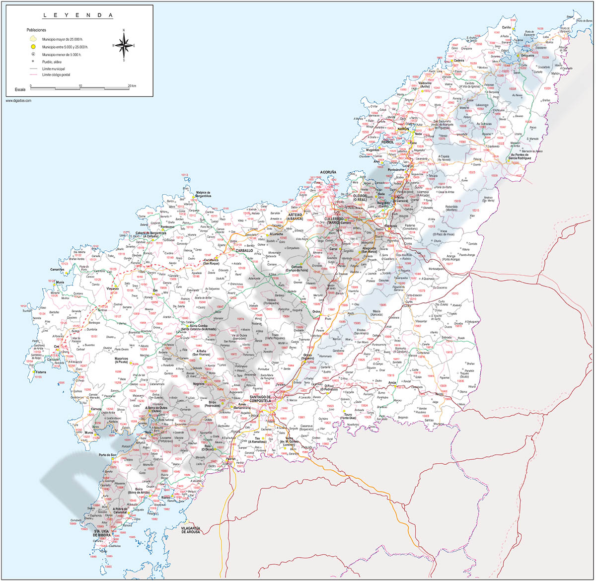 A Coruña - mapa provincial con Códigos Postales y carreteras