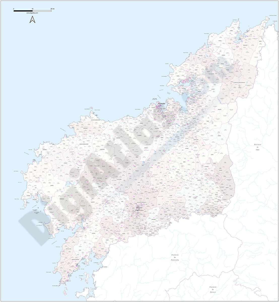 A Coruña - Mapa de la provincia con parroquias y códigos postales