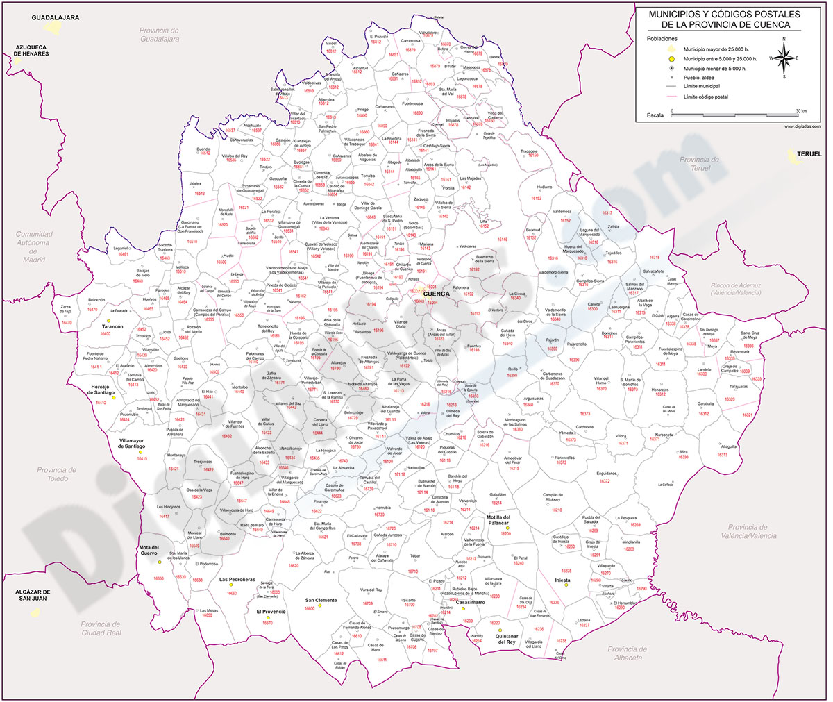 Cuenca - mapa provincial con municipios y Códigos Postales