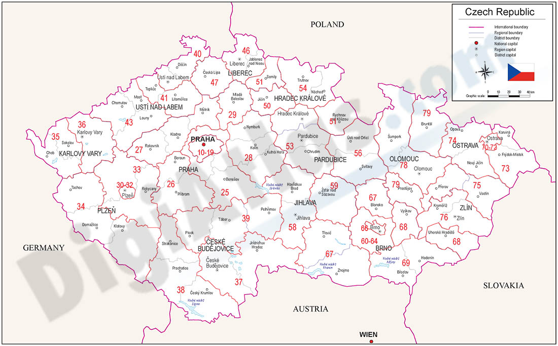Mapa de la República Checa con regiones y codigos postales