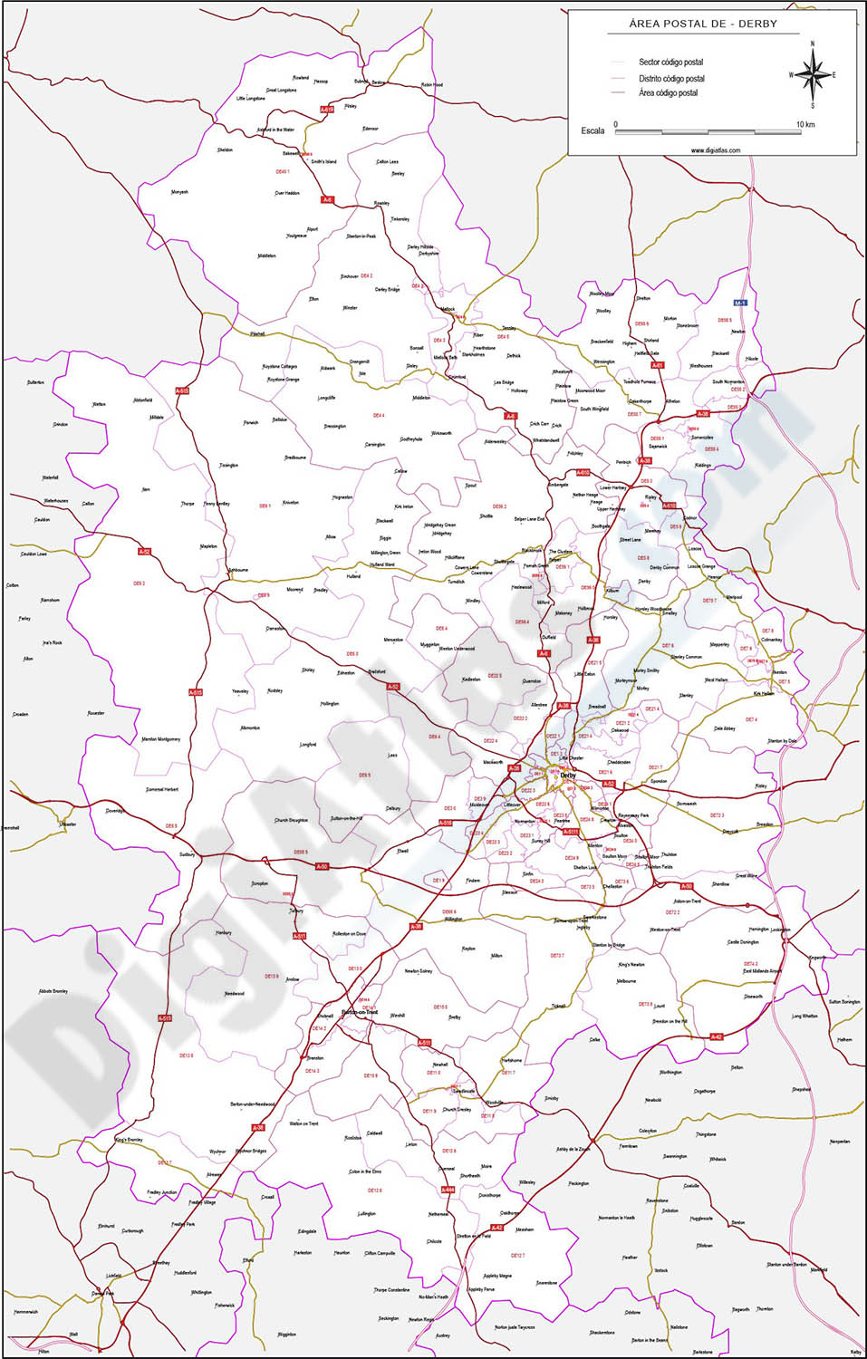 Derby - map of postcode area (de) with cities and major roads