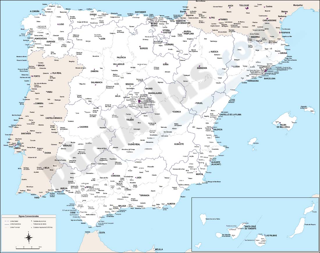 Map of Spain with cities over 25,000 citizens