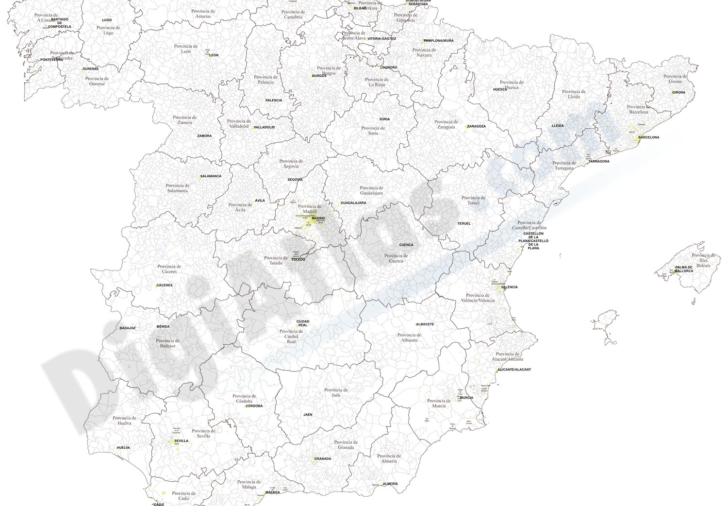 Map of Spain with provinces and major cities (over 10000 citizens)
