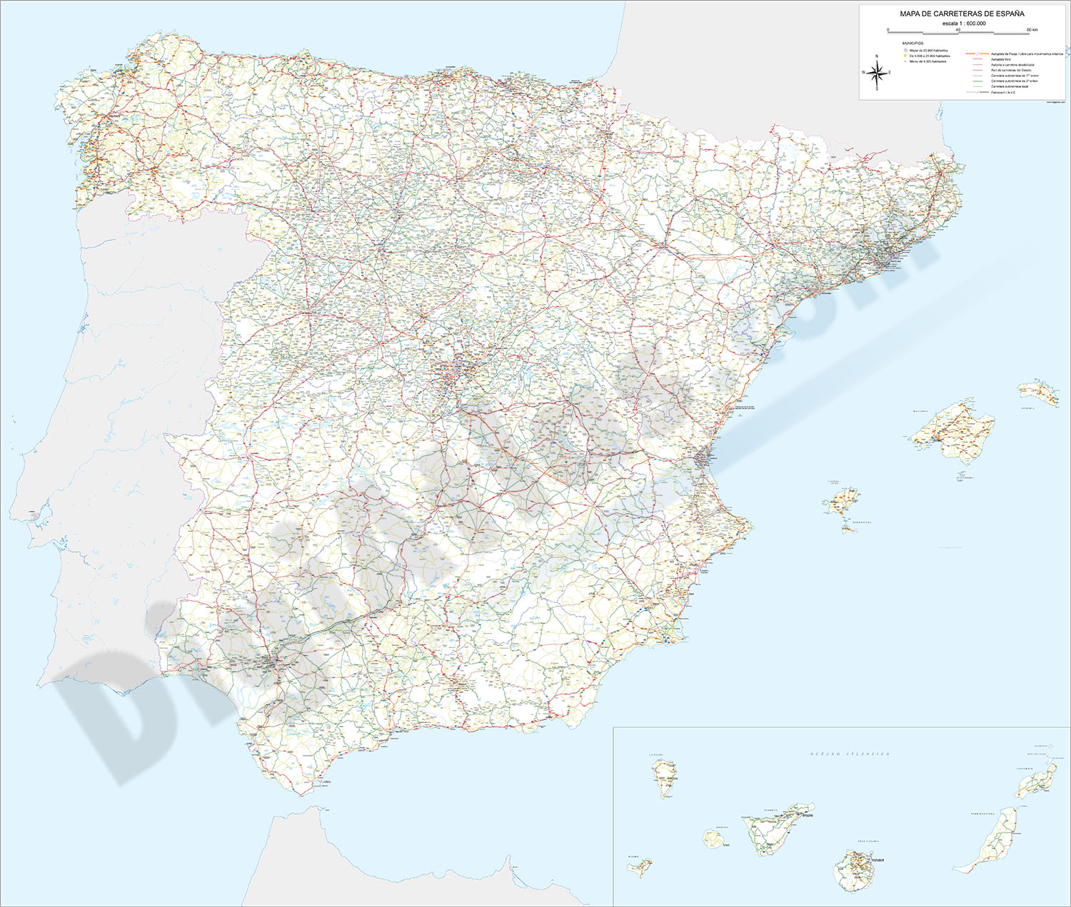 Detailed roads and cities map of Spain